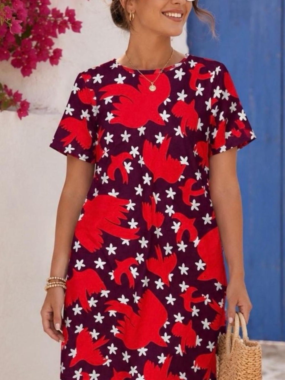 BODEN • Smart easy shift dress - size 14 red purple bird floral print